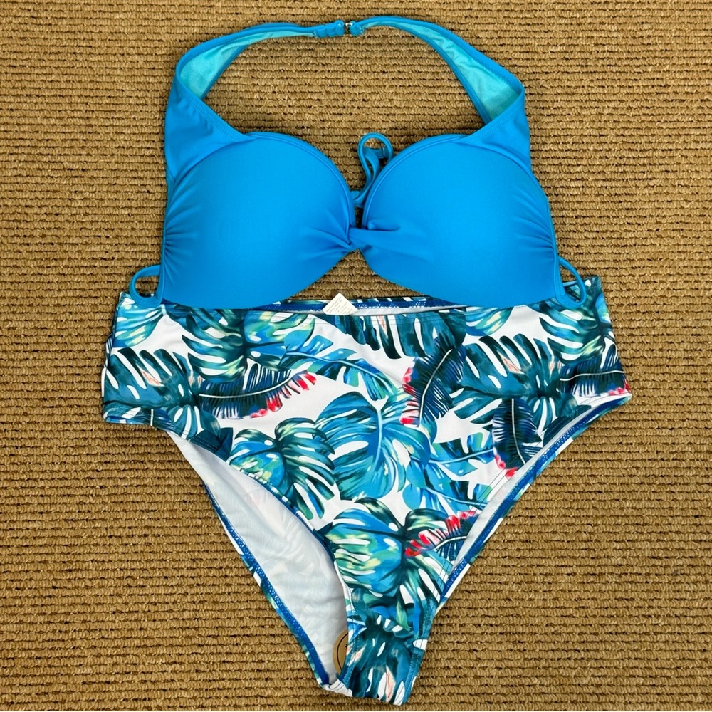 Tahiti Blue Floral Print Halter Two-piece Swimsuit